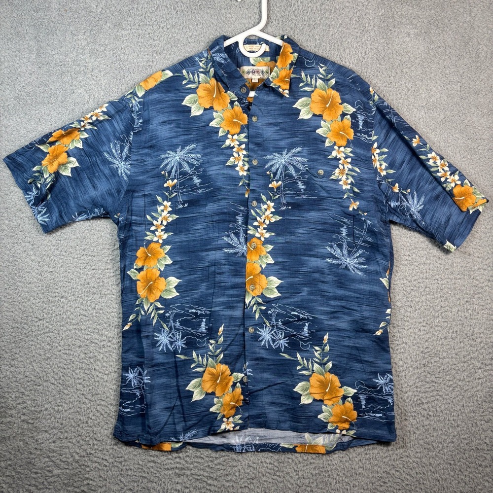Campia Moda Shirt Mens L Blue Orange Hibiscus Tropical Palm Tree Rayon Hawaiian